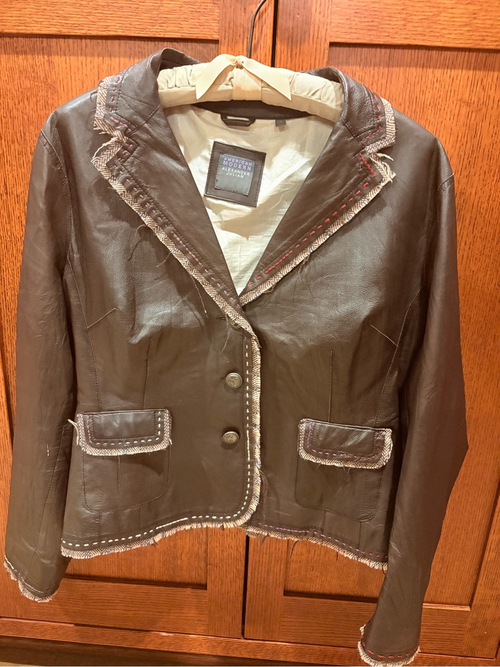 American Modern Alexander Julian Brown Whip Stitch Tweed Fringe Leather Jacket L